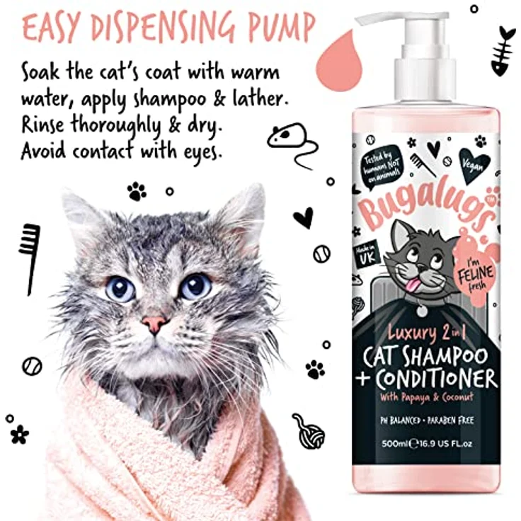 Bugalugs 2in1 Katzenshampoo + Conditioner, 500 ml, pH-neutral, mit Papaya und Kokosnuss, Lake District – Bild 7