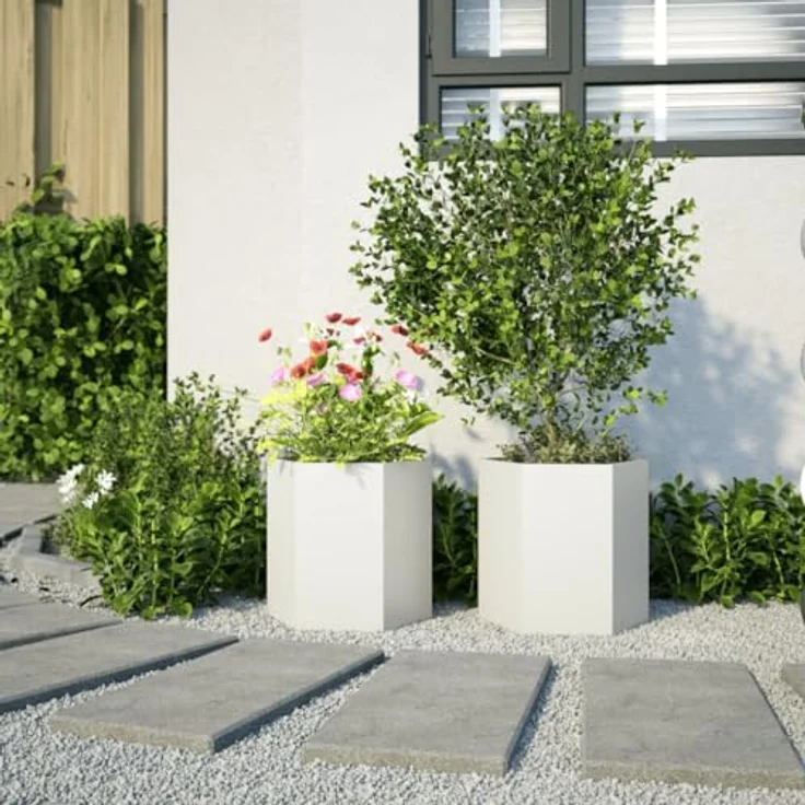 vidaXL Pflanzkübel 2 STK. Weiß Sechseckig 46x40x45 Stahl, Witterungsbeständig und mit viel Platz – Bild 3