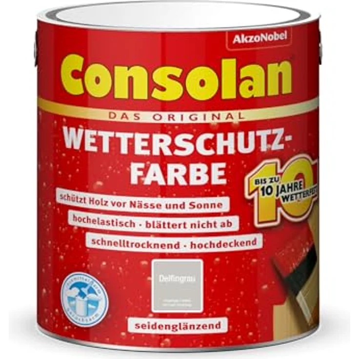 Consolan Holzschutzlasur Wetterschutz-Farbe, 2,5 L delfingrau, seidenglänzend, wetterfest bis zu 10 Jahre, für außen – Bild 1