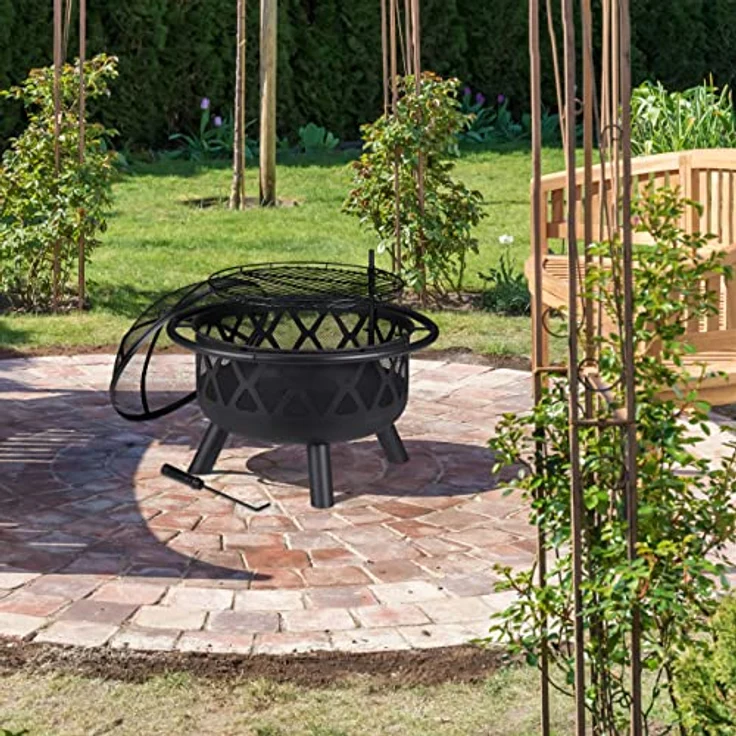 relaxdays Feuerschale mit Grillrost & Funkenschutz, XXL Feuerstelle in Schwarz, ideal für Terrasse und Garten – Bild 5