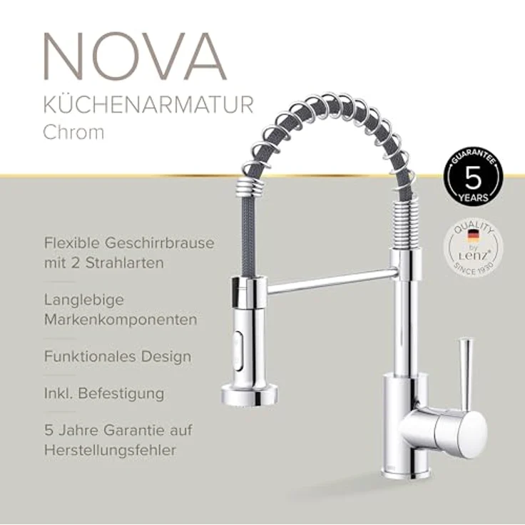 Lenz Küchenarmatur NOVA, Nickelfrei mit flexibler Pendelbrause und 2 Strahlarten, Chrom – Bild 4