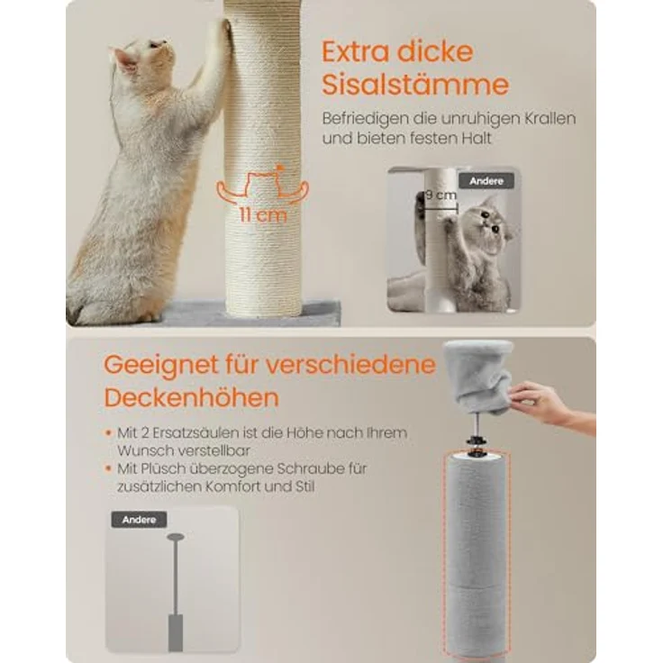 Feandrea Kratzbaum deckenhoch, XXL Katzenbaum mit 11 cm Dicken Stämmen, hellgrau – Bild 4