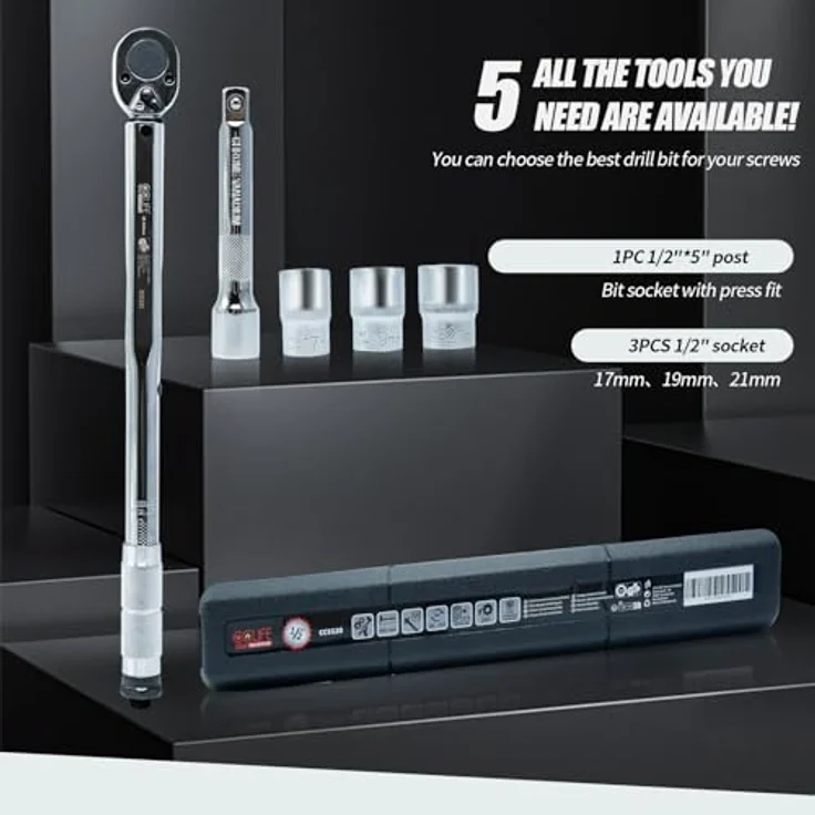 CCLIFE Drehmomentschlüssel Auto Set im Koffer 1/2 Zoll 17mm 19mm 21mm Nüsse, präzise Kontrolle und umfangreiches Zubehör – Bild 3