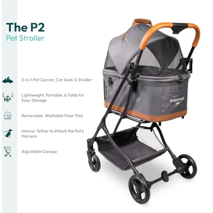 Wonderfold P2, Hunde-Transportbox 3-in-1 Buggy mit doppelten Eingängen, Mesh-Belüftung und herausnehmbarer Bodenmatte, grau – Bild 3