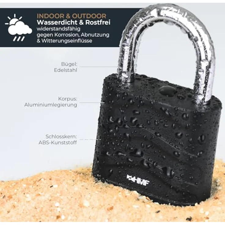 HMF Vorhängeschloss mit 4-stelligem Zahlencode, robustes Aluminiumlegierung Schloss, 5,6 x 2,6 x 8,7 cm, Schwarz – Bild 3