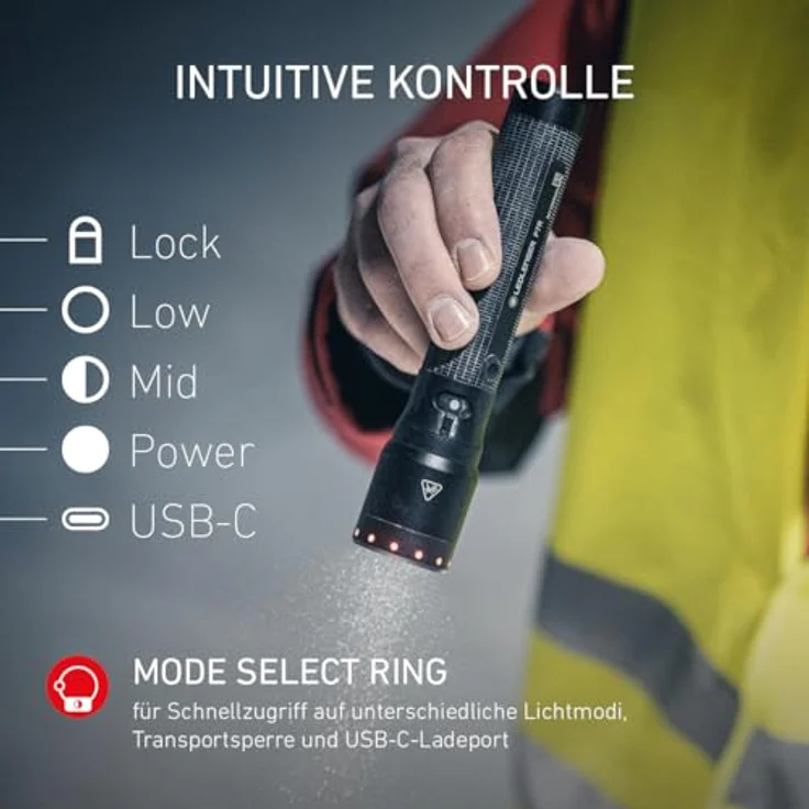 Ledlenser P7R, wiederaufladbare LED Taschenlampe mit 2000 Lumen, 320 m Fokus, USB-C, IP68 wasserdicht, 80 Stunden Leuchtdauer, 4 Leuchtmodi, ideal für Outdoor und Notfälle – Bild 3