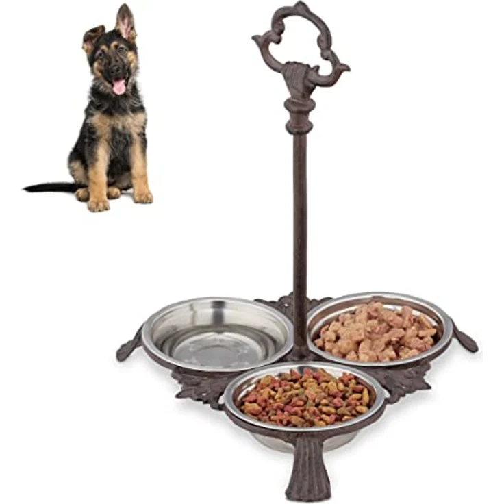 Relaxdays Napf Gusseisen, Napfstation für Hunde & Katzen, 3 Edelstahlnäpfe je 200ml, antik, Griff, Outdoor, Dunkelbraun – Bild 1