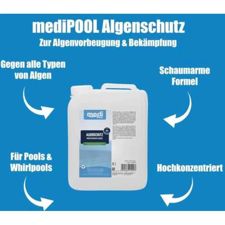 mediPOOL Algenschutz schaumarm, hochkonzentriert 5 Liter für die Poolpflege, chlorfrei und schaumfrei – Bild 2