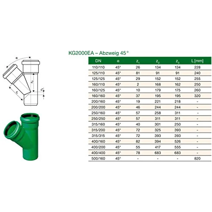 Ostendorf Kunststoffe KG 2000 Polypropylen (PP) Abzweig DN110/110/87°, grüner Rohrabzweig mit zwei Muffen und Dichtringen – Bild 3