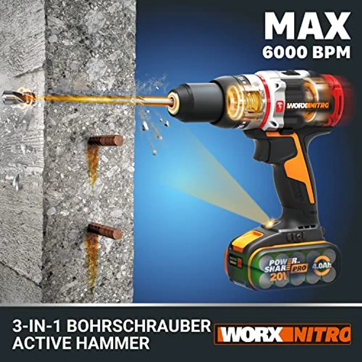 WORX WX354.9 Schlagbohrhammer 20V Max SlammerDrill ohne Akku und Ladegerät, 20 V, Schwarz – Bild 3