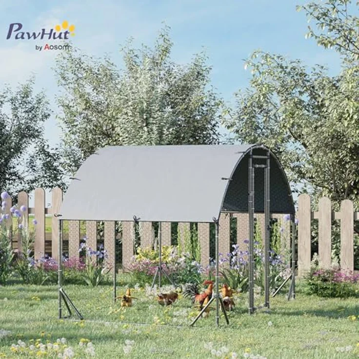 PawHut Hühnerstall aus Stahl, 280 x 190 x 197 cm, mit UV-beständiger Abdeckung, abschließbarer Tür, für 4-6 Hühner, silber – Bild 2