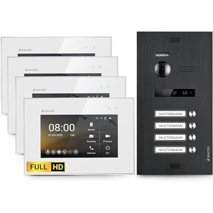 Balter EVO HD Video Türsprechanlage, Komplettset für 4-Familienhaus, 7-Zoll Touchscreen Monitor, Full HD Kamera, Smartphone App, Nachtsicht, 2-Draht-BUS-Technologie
