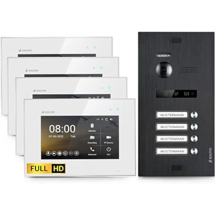 Balter EVO HD Video Türsprechanlage, Komplettset für 4-Familienhaus, 7-Zoll Touchscreen Monitor, Full HD Kamera, Smartphone App, Nachtsicht, 2-Draht-BUS-Technologie – Bild 1