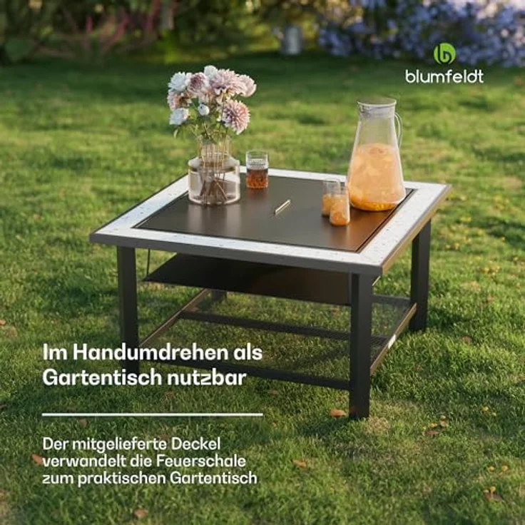 Blumfeldt Merano Avanzato, 3-in-1 Feuerschale mit Grillrost und Terrazzo-Tischplatte, robuster Stahlrahmen, inkl. Funkenschutz, Hitzeschild & Schürhaken, für Garten & Terrasse – Bild 4