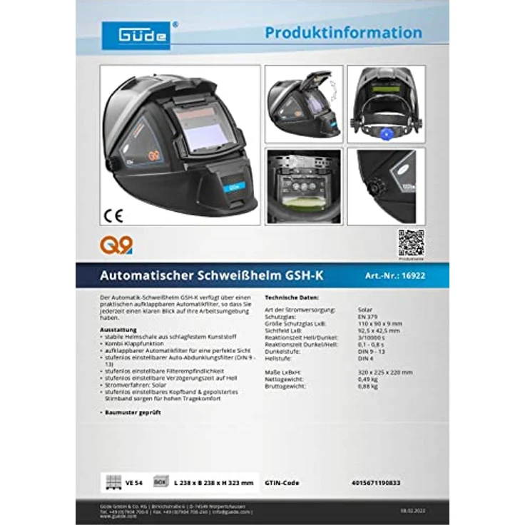 Güde Automatik Schweißhelm Schweißschild Schweißschirm Schutzhelm GSH-K 16922 Solar – Bild 4
