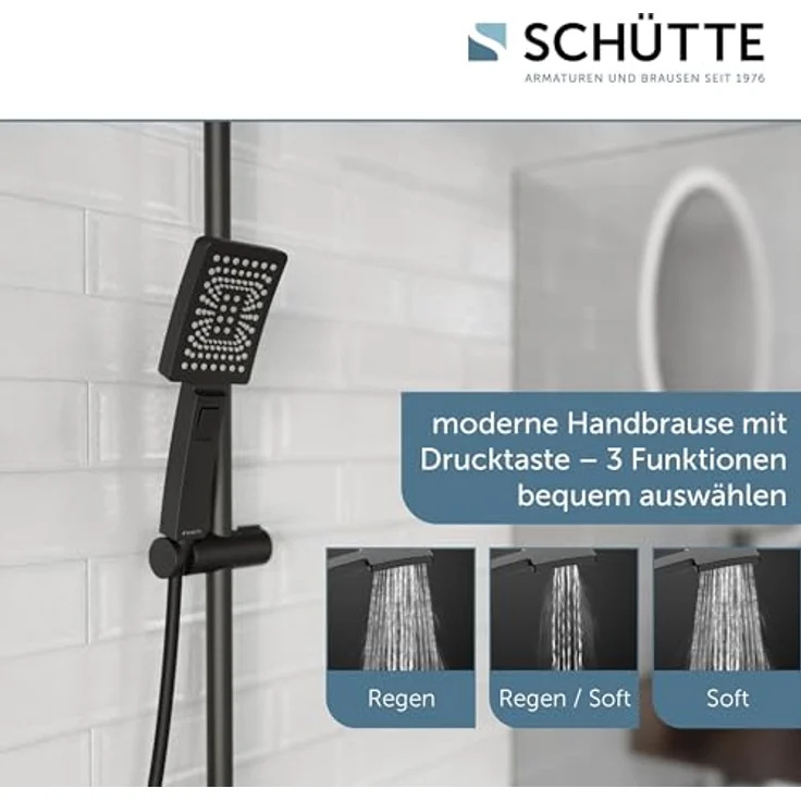 Schütte Duschsystem 'Trento' mit Thermostat schwarz eckig, Handbrause mit 3 Strahlarten – Bild 3