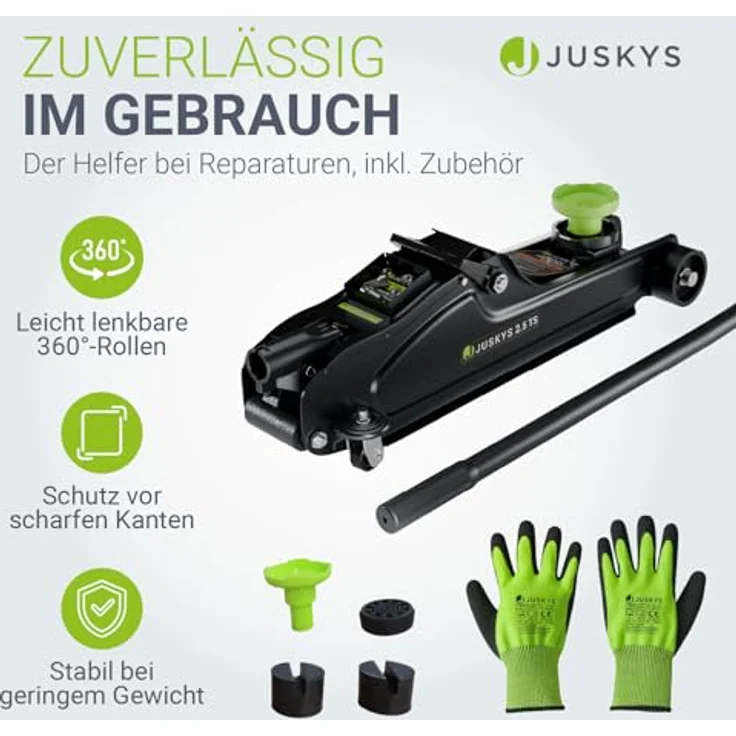 Juskys Hydraulischer Wagenheber, max. Hubhöhe 39 cm, bis 2,5 t, schwarz/grün, mit Zubehör & Handschuhen – Bild 6