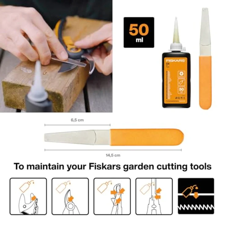 Fiskars Pflegeset für Gartenschneidgeräte, mit Diamantfeile, Öl und Pflegeanleitung, Schwarz/Orange – Bild 2