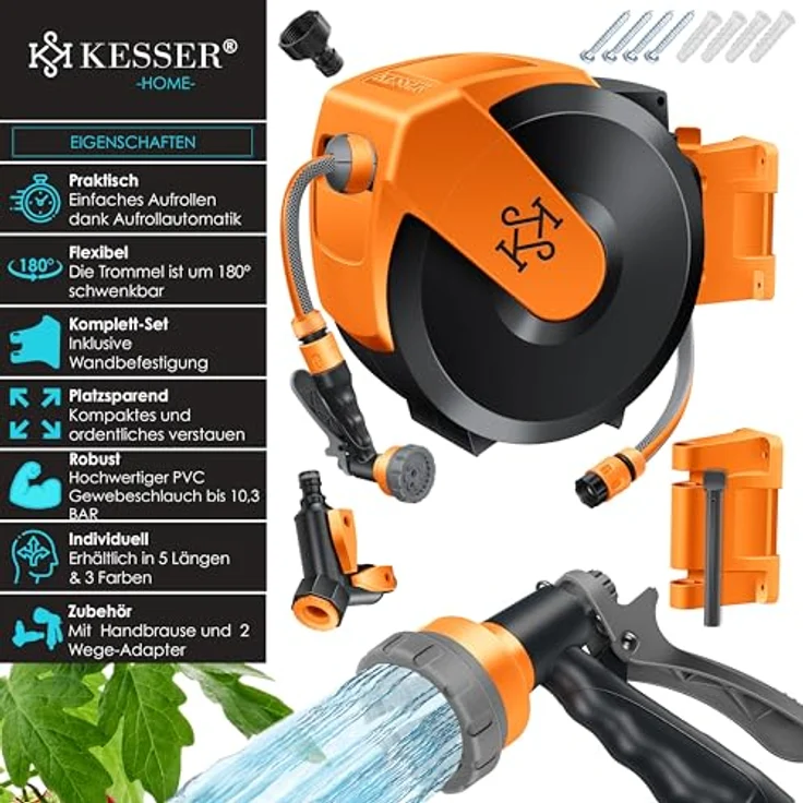 KESSER® Schlauchtrommel mit 15m Gartenschlauch | Wandmontage, 180° schwenkbar, automatische Aufrollung & 7-Funktionen Handbrause – Bild 2