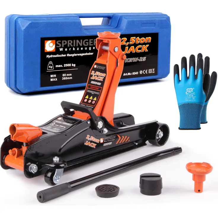 Springer Werkzeuge 2,5T Rangierwagenheber Wagenheber 80-360mm Hydraulisch 2 Auflagen SUV Adapter inkl. Handschuhe, Schwarz