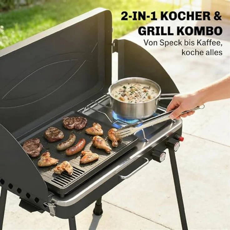 Outsunny Tragbarer Gasgrill 2-in-1 Tischgrill mit 2 Brennern, 7 kW, klappbaren Beinen, Windschutz und Antihaftbeschichtung, ideal für BBQ und Camping – Bild 3