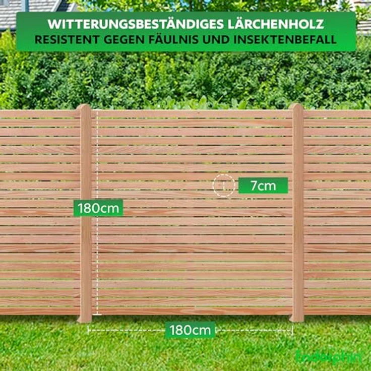 Endorphin Rhombus-Sichtschutzzaun Lärche, 5 Elemente 180x180cm & 6 Holz-Pfosten 9x9x190cm, witterungsbeständig und DIY-Montage – Bild 2