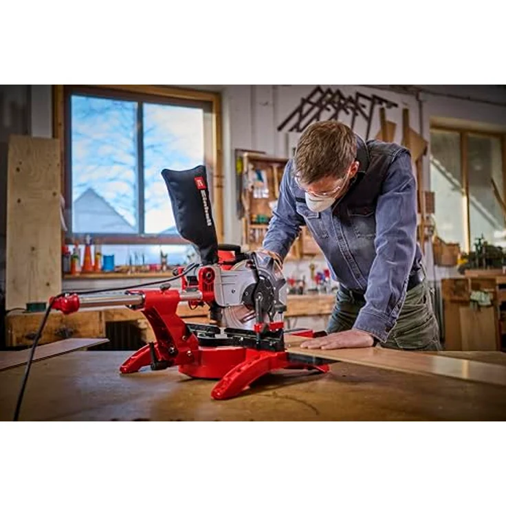 Einhell Zug-Kapp-Gehrungssäge TC-SM 2534-1 Dual (max. 2350 W, D250 x D30 mm Sägeblatt, 4000 min-1, integrierte Zugfunktion, neigbarer Sägekopf, Werkstückanschlag, Laser, inkl. Hartmetall-Sägeblatt) – Bild 2