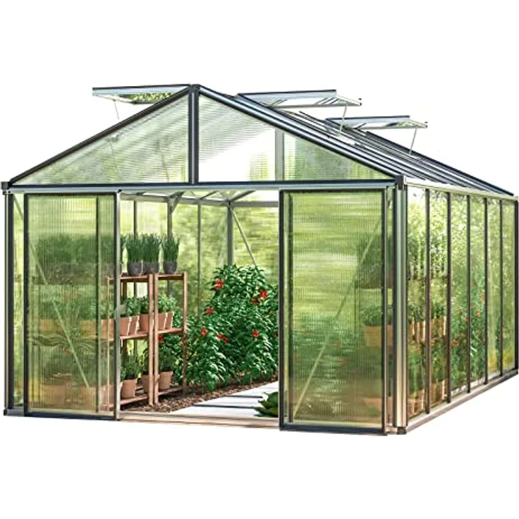 GFP Gewächshaus Asteria 24 Light 311x460 cm mit integriertem Fundament 12 mm Doppelstegplatten, Farbe Aluminium Natur - Made in Austria