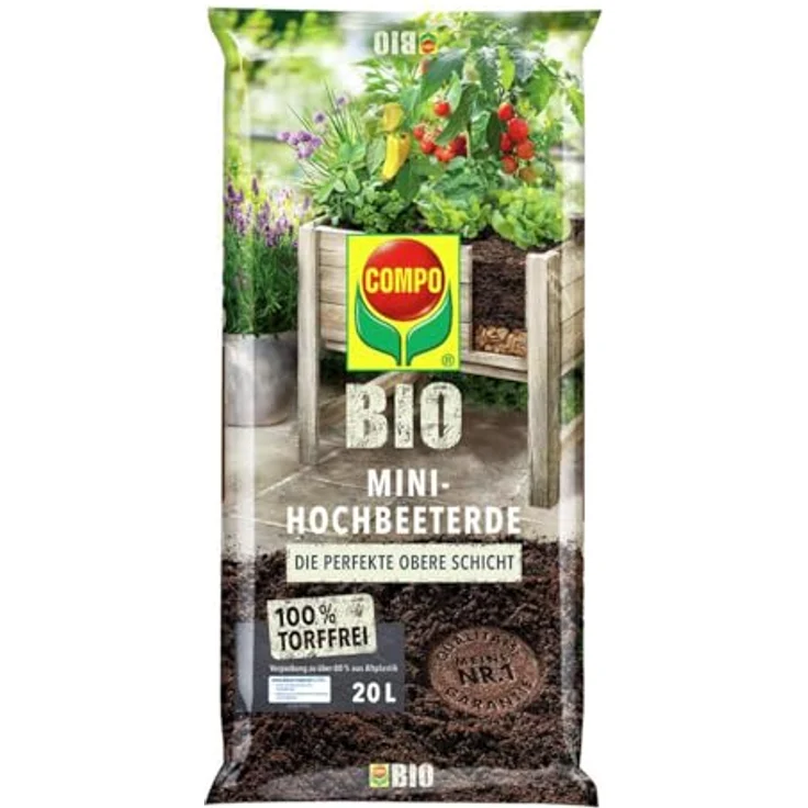 COMPO BIO Mini-Hochbeeterde, torffreie Blumenerde für Mini-Hochbeete, 20 L, Braun, Nährstoffversorgung mit hohem Humusanteil – Bild 1