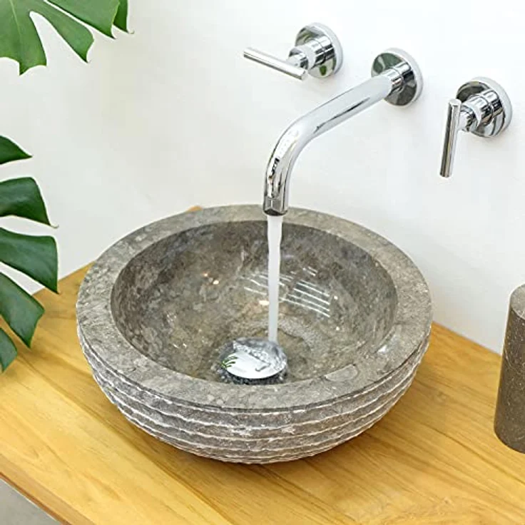 wohnfreuden Marmor Waschbecken 015 MINI, rundes Aufsatzwaschbecken aus handgearbeitetem Marmor, grau, 30 cm – Bild 1