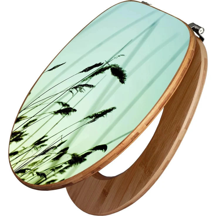 Banjado Bambus WC Sitz, Toilettendeckel mit Motiv Gräser, stabile Holzqualität, Universal Scharniere, 44cm x 38cm x 5,5cm