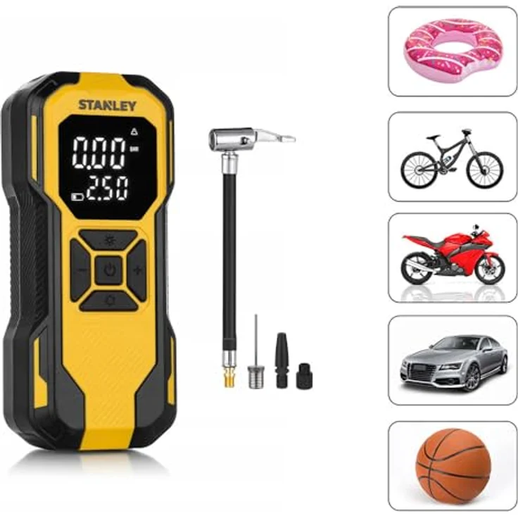 Stanley SXIF0101, 12V wiederaufladbare Li-ion Reifenfüllpumpe mit 150 PSI, digitaler Anzeige, Powerbank, SOS-Funktion und LED-Lampe – Bild 3