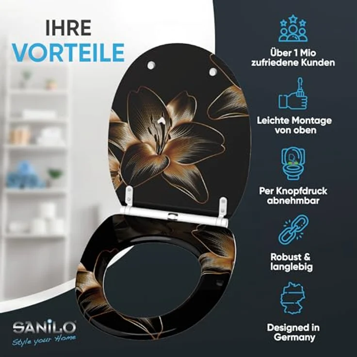 Sanilo WC Sitz mit Absenkautomatik Top Fix Aurelia, bruchfestes Holz, universell passend für handelsübliche WCs, antibakterielle Beschichtung, 4-seitig bedruckt – Bild 2