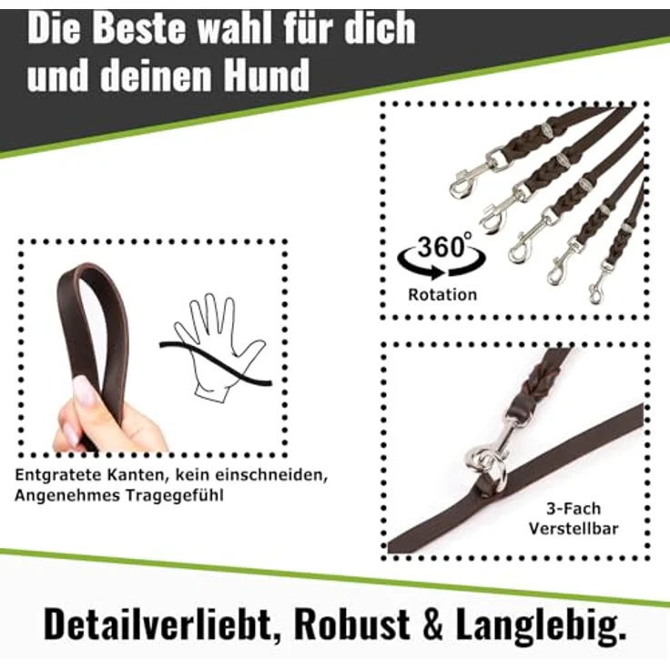 CopcoPet Fettleder Hundeleine 2m x 8mm Rot – 3-fach verstellbar, geflochten, mit Chrombeschlägen – robust und grifffest, ideal für kleine Hunde, Handgefertigt in Deutschland – Bild 2