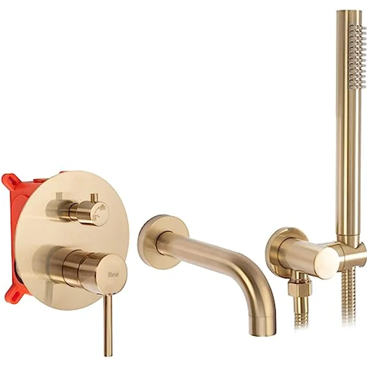 Rea Lungo Gold Brush Einbau-Badewannenarmatur, verstellbarer Box-Badewannenmischer mit Handbrause aus Messing für warmes und kaltes Wasser, 3/8 Zoll, gebürstetes Gold – Bild 1