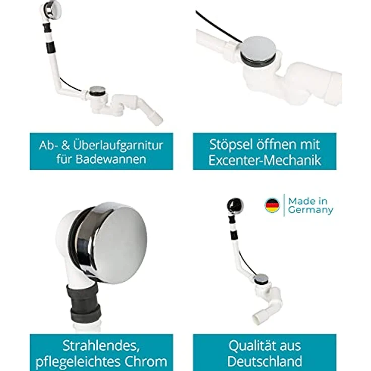 Calmwaters® Excenter-Ablaufgarnitur für Badewannen, Badewannengarnitur mit Überlauf und Excenterbedienung, Überlaufgarnitur für Rechteckwannen, Kunststoff, Chrom, Weiß, 31PM5074 – Bild 2