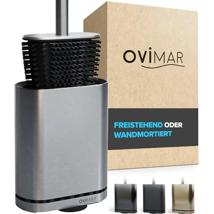 ovimar Toilettenbürste Omofyr | Silber | Silikon Klobürste | WC Bürste mit Belüftung | Edelstahl | abnehmbare Tropfschale | nur 6cm breit| stehend oder Wandbefestigung im Badezimmer