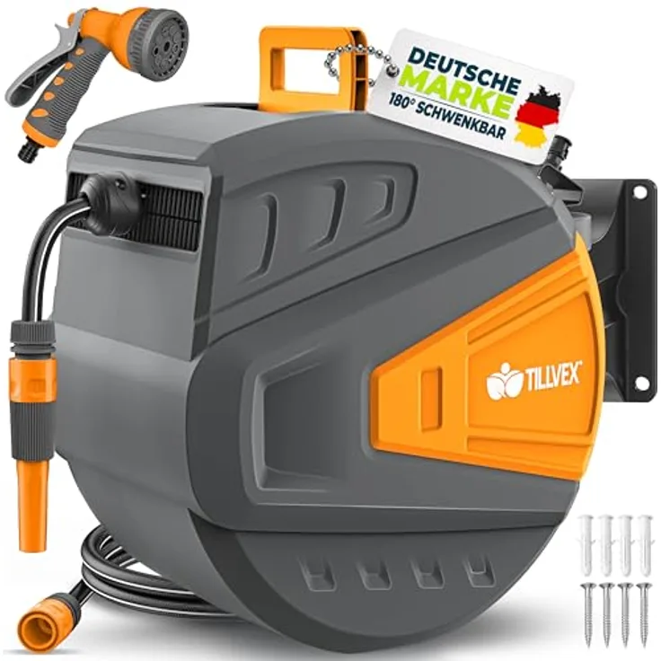 tillvex Schlauchtrommel Wasser mit Wandhalterung, 20m Gartenschlauch, Handbrause mit 9 Funktionen, 180° schwenkbar, anthrazit/orange, Aufroll-Automatik