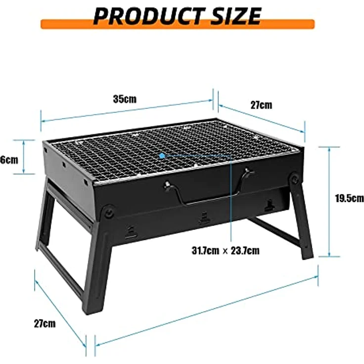 SunJas BBQ Holzkohlegrill Reisegrill Minigrill Tischgrill Picknick Campinggrill, faltbar und tragbar, kaltgewalztes Eisen, in Schwarz – Bild 4