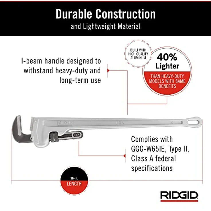 RIDGID 31110 Modell 836 gerade Aluminium-Rohrzange, 36'' Sanitär-Schraubenschlüssel – Bild 4