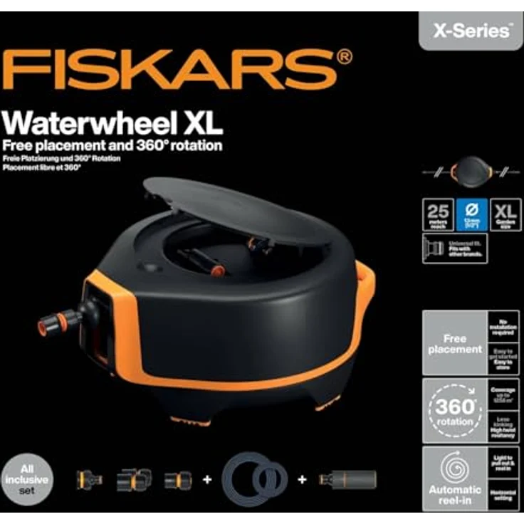 Fiskars X-series Automatische Schlauchtrommel XL, 25 m Schlauchlänge, 360°-Drehung, leicht manövrierbar, inkl. Zubehör – Bild 7