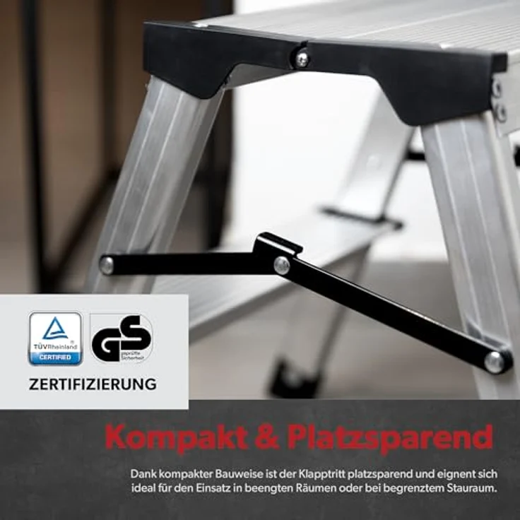 siwitec Alumium-Klapptritt 2 Stufen | Kleine Trittleiter | rutschfeste Standfüße | 150 kg Traglast | Geriffelte Stufen | Platzsparend | Klappleiter – Bild 5