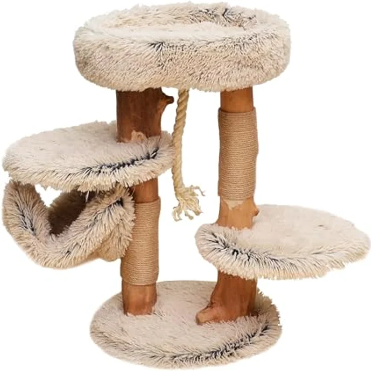 Fudajo Kratzbaum mit Holz und Plüsch 87,5 cm hoch, Designer Katzenkratzbaum mit Birnbaumholz, Katzenbaum mit Hängematte, Katzenmöbel mit Liege, helle Plüschdesign – Bild 1