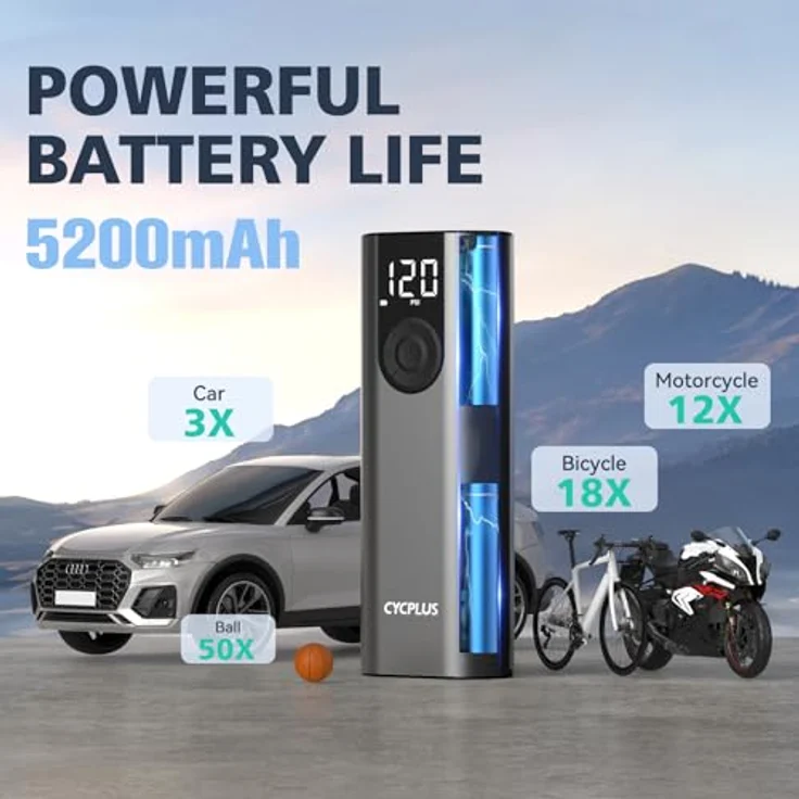 CYCPLUS A8 Luftpumpe Max 150PSI, Tragbare Mini Reifenpumpe mit LED Licht, USB-C-Anschluss, Wiederaufladbarer Li-Ionen-Akku, Grau – Bild 3