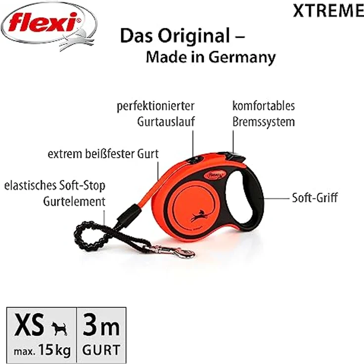 Hundeleine - Roll-Leine - Katzenleine - Xtreme XS Tape 3m, Orange – Bild 2