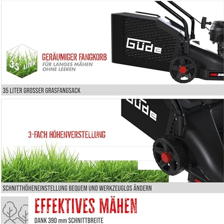 Güde Motor Rasenmäher ECO Wheeler 390 1.6 R, Benzin-Rasenmäher mit 4-Takt Power-Engine, 3-facher Schnitthöhenverstellung und 35L Grasfangsack – Bild 3
