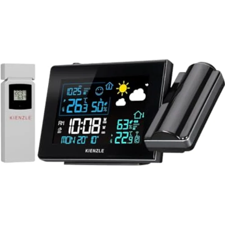 Kienzle Funk-Wetterstation mit Projektion, schwarz, Temperatur- und Luftfeuchtigkeitsmessung, Eiswarnung, Raumklima-Komfortindikator, 2 Weckzeiten mit Snooze-Funktion