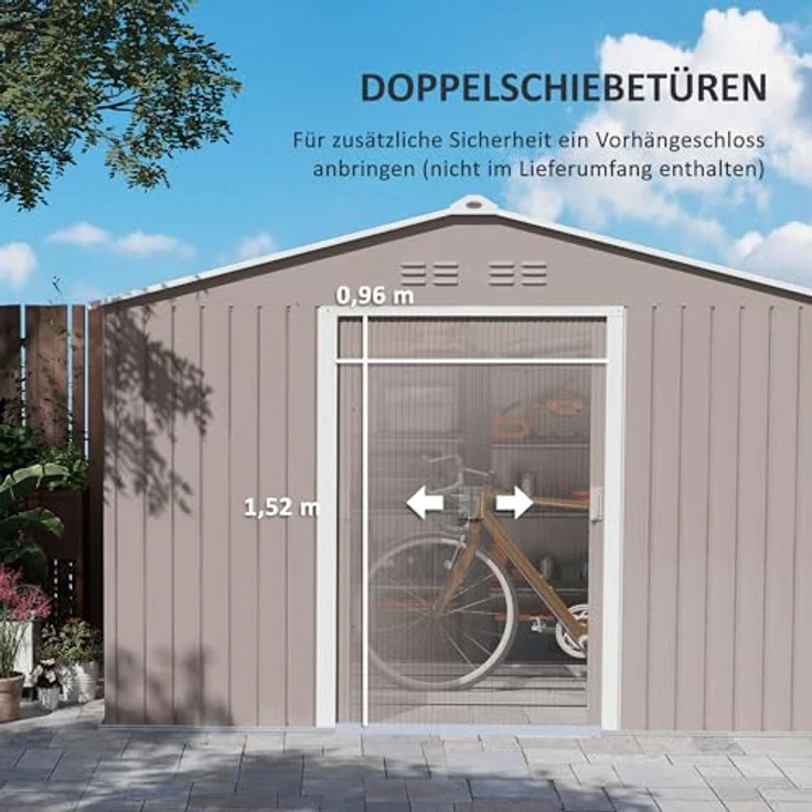 Outsunny Verzinkter Stahl Gerätehaus 4,9m² 277x195x192cm Geräteschuppen mit Satteldach, Fundament, Abschließbarer Schiebetür, wetterfest Hellgrau – Bild 6
