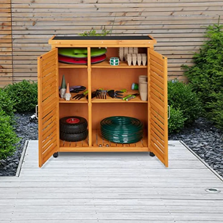 Relaxdays Gartenschrank, 3 Fächer, Flachdach mit Neigung, Doppeltür, HBT: 97 x 86,5 x 47 cm, Werkzeugschrank Holz, Natur – Bild 2
