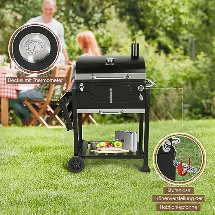 Royal Gourmet Holzkohlegrill Barbecue Grillwagen Smoker Grill Campinggrill Holzkohle Outdoor Kohlegrill Gartengrill Grillfläche 59 x 42 cm Schwarz – Bild 5